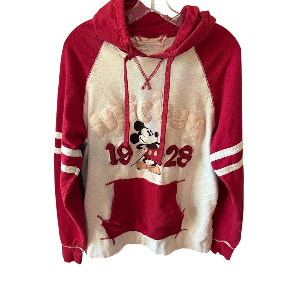 Disney Parks Mickey Mouse 1928 Raglan Hoodie Red Cream‎ Varsity Pullover Medium